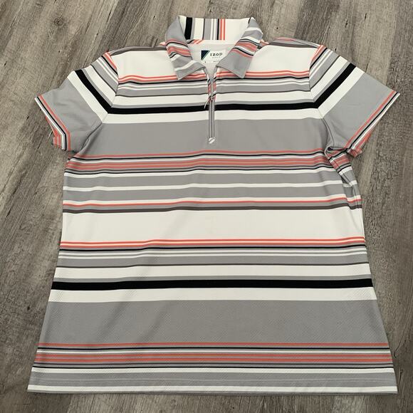 Izod Golf 1/4 Zip Polo Shirt Womens Large Gray Striped Short Sleeved Collared - Picture 1 of 6